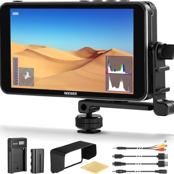 NEEWER F400 Pro 6" Moniteur Caméra, Pleine HD 1920x1080 IPS 4K HDMI Assistance Vidéo DSLR Peaking, Entrée 12V CC, Bras Inclinable, Batterie F550 & Chargeur Inclus.