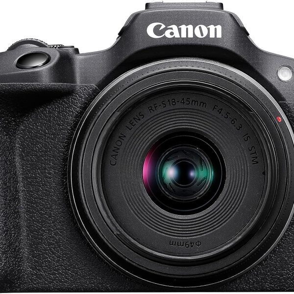 Canon EOS R100 Objectif RF-S 18-45 mm F4,5-6,3 is STM stabilisé Appareil Photo Hybride APS-C 24,1 MPixels Autofocus CMOS Double Pixel Vidéo 4K Wi-FI et Bluetooth Noir